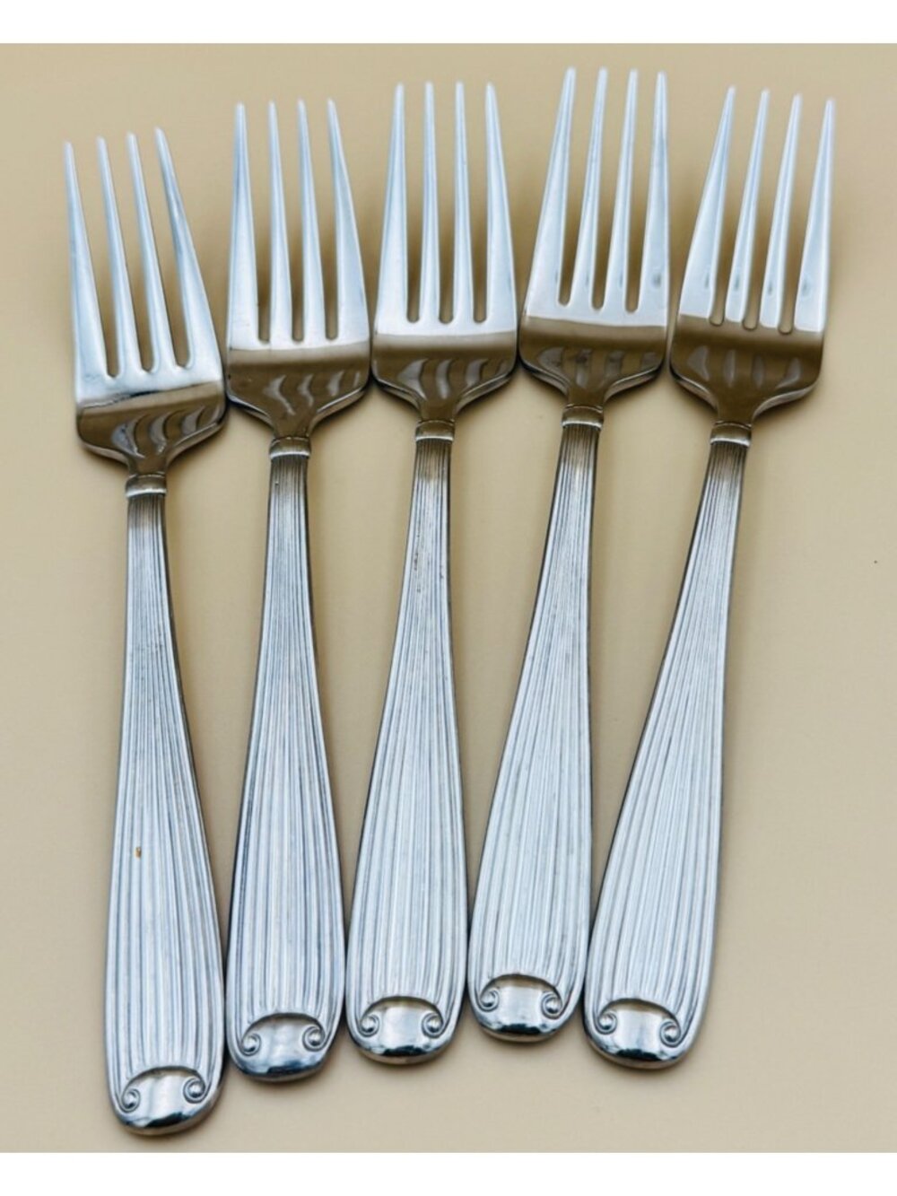 5 Reed & Barton FLUTED SCROLL Salad Forks Stainless Steel 7.25"